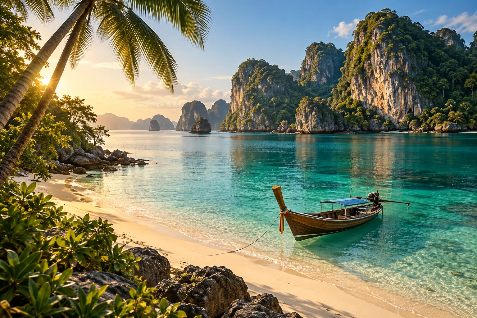 ภาพประกอบ AI ของเรือหางยาวริมชายฝั่งเขตร้อน